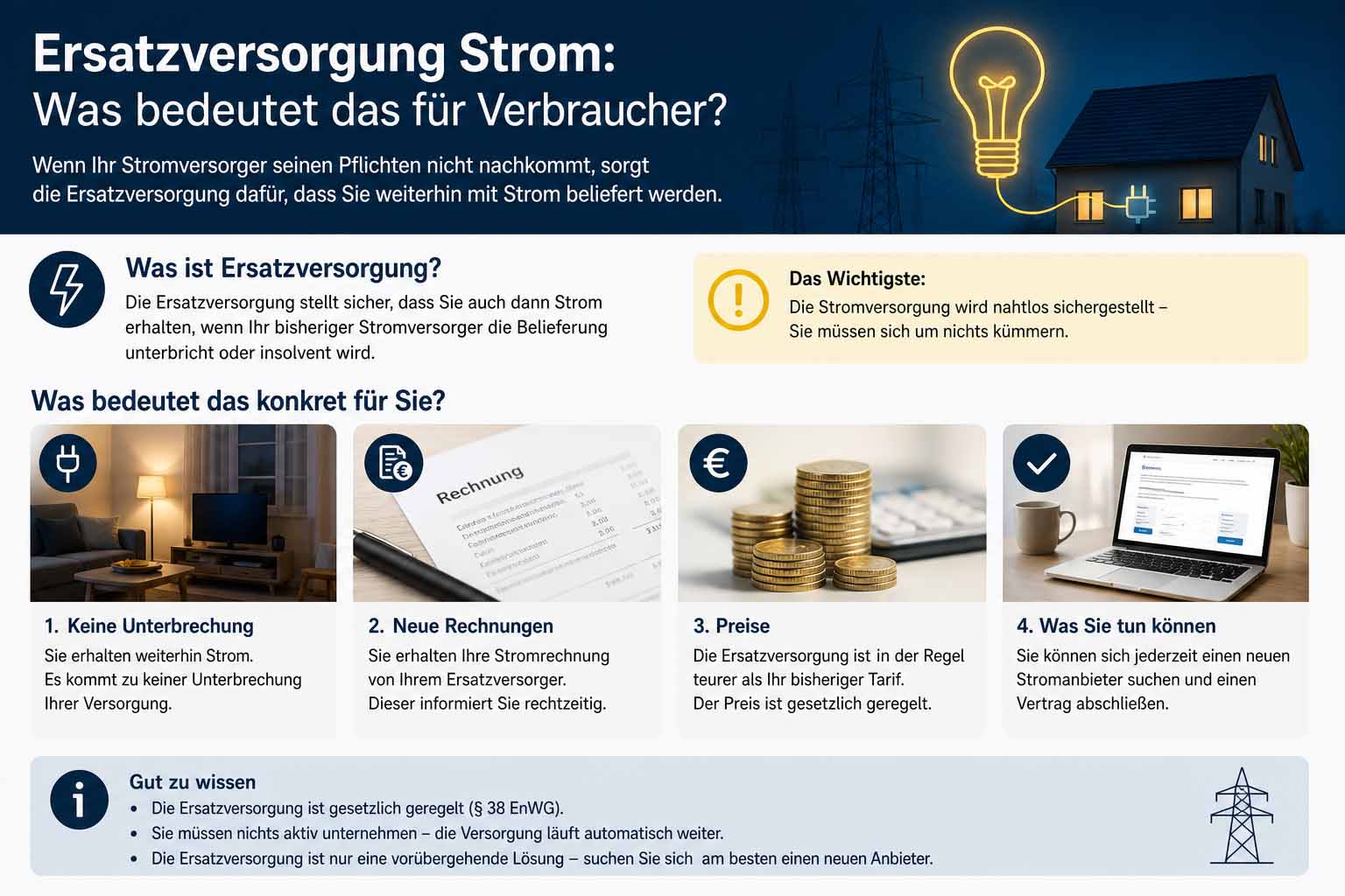 Ersatzversorgung Strom: Was sie kostet & wie du rauskommst